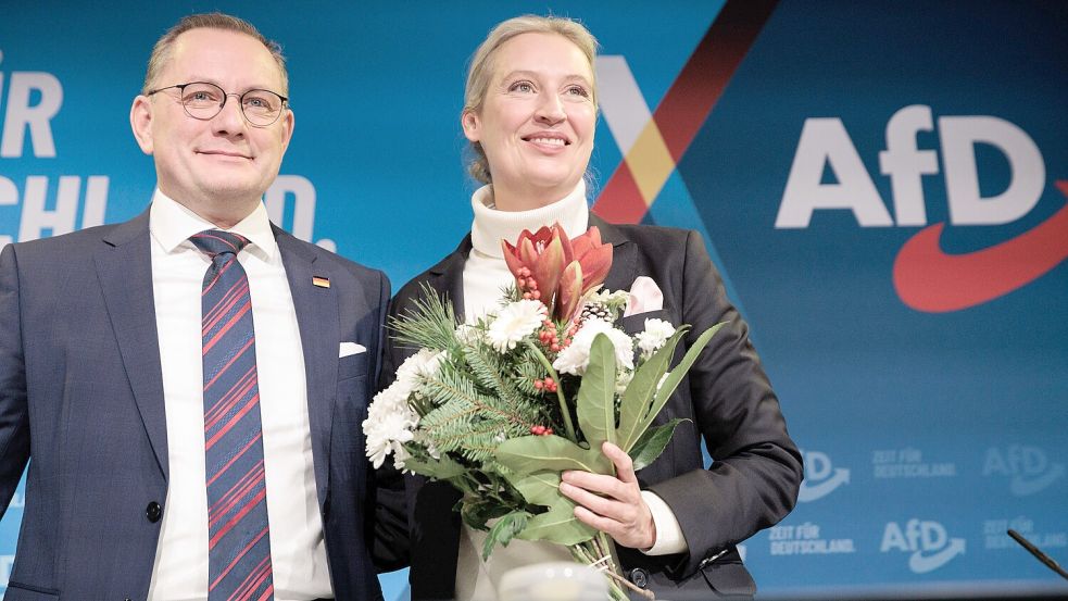 Alice Weidel soll die AfD als Kanzlerkandidatin in den Bundestagswahlkampf führen. Tino Chrupalla soll sie unterstützen. Foto: dpa/Carsten Koall