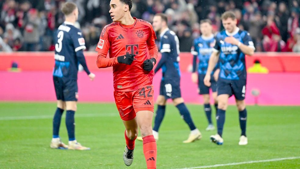 Traf beim Sieg der Bayern gegen Heidenheim: Jamal Musiala Foto: Sven Hoppe/dpa