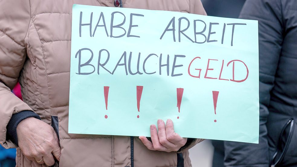 „Habe Arbeit, brauche Geld“ – dieses Schild zeigte eine Frau bei einer Streik-Kundgebung. Symbolfoto: Armin Weigel/dpa