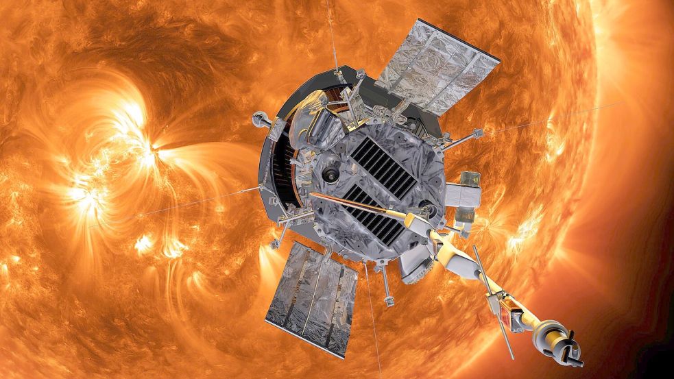 Die Computergrafik zeigt die „Parker Solar Probe“-Sonde auf dem Weg zur Sonne. (Handout) Foto: -/AP/dpa