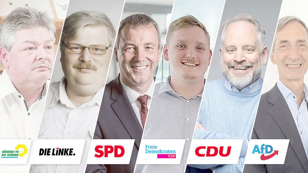 DieKandidaten des Wahlkreises 24 Aurich-Emden: (von links) Gunnar Ott, Johann Erdwiens, Johann Saathoff, Hendrik Hartmann, Dr. Joachim Kleen, Arno Arndt. Fotos: Parteien/privat/Archiv