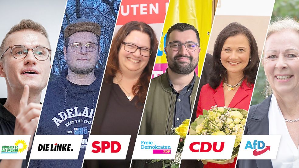 Julian Pahlke (links, Grüne), Michel Rolandi (Die Linke), Anja Troff-Schaffarzyk (SPD), Ferhat Asi (FDP), Gitta Connemann (CDU), Martina Uhr (AfD) und Andreas Wilshusen (Freie Wähler, nicht im Bild) wollen im Wahlkreis Unterems antreten. Fotos: DPA/Parteien/Archiv/privat