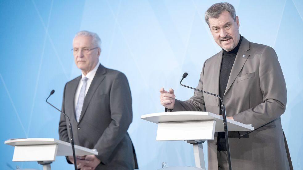 Nach Gewalttat in Aschaffenburg: Bayerns Ministerpräsident Markus Söder und Innenminister Joachim Herrmann haben eine Pressekonferenz zur aktuellen Lage gegeben. Foto: dpa/Lukas Barth