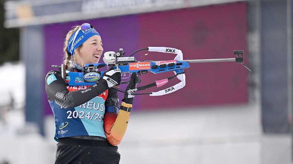 Franziska Preuß ist bereit für den Sprint in Lenzerheide. Foto: Martin Schutt/dpa