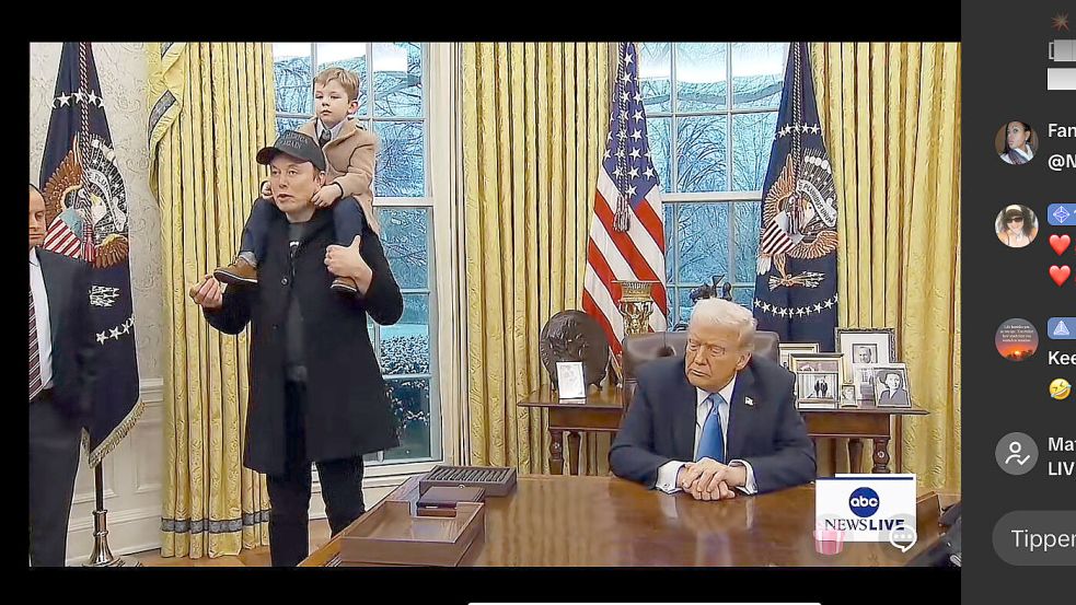 Pressekonferenz im Oval Office mit Elon Musk, Sohn X und US-Präsident Donald Trump. Screenshot: TikTok/abcnewslive