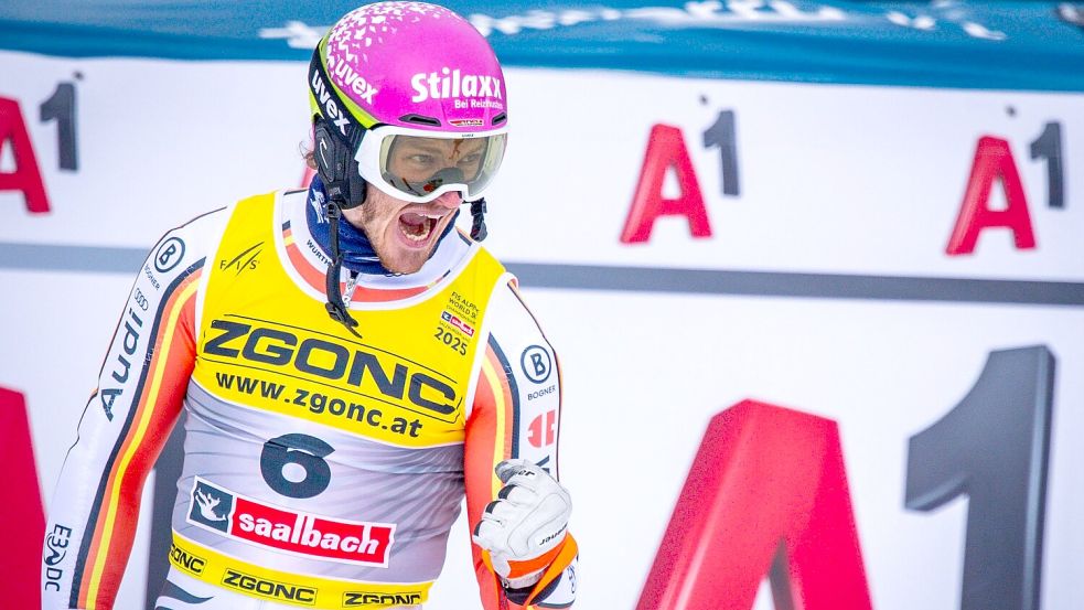 WM-Bronze: Linus Straßer jubelt nach seinem starken Auftritt im Slalom. Foto: Jens Büttner/dpa