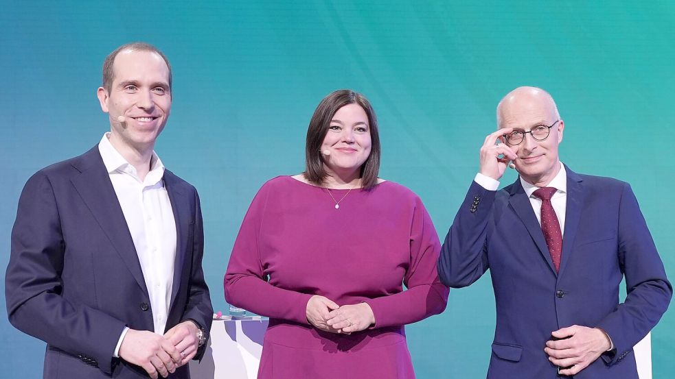 Sie treten bei der Bürgerschaftswahl als Kandidaten zum Bürgermeister an: Dennis Thering für die CDU, Katharina Fegebank für die SPD und Peter Tschentscher für die SPD. (Archivbild) Foto: Marcus Brandt/dpa