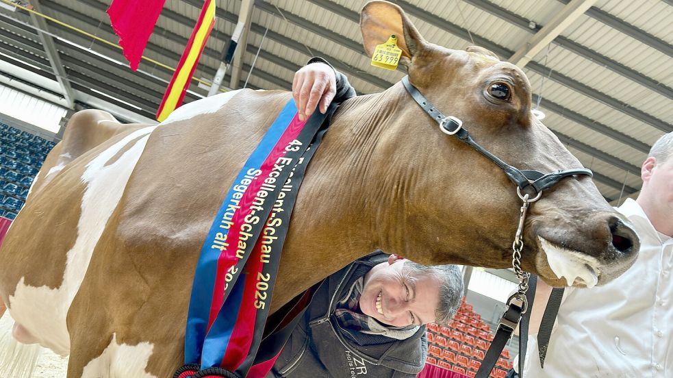 Helene ist die neue „Miss Ostfriesland“. Zur Belohnung wird gekuschelt, wie Züchter Thomas Rohdemann ankündigt. Foto: Ortgies