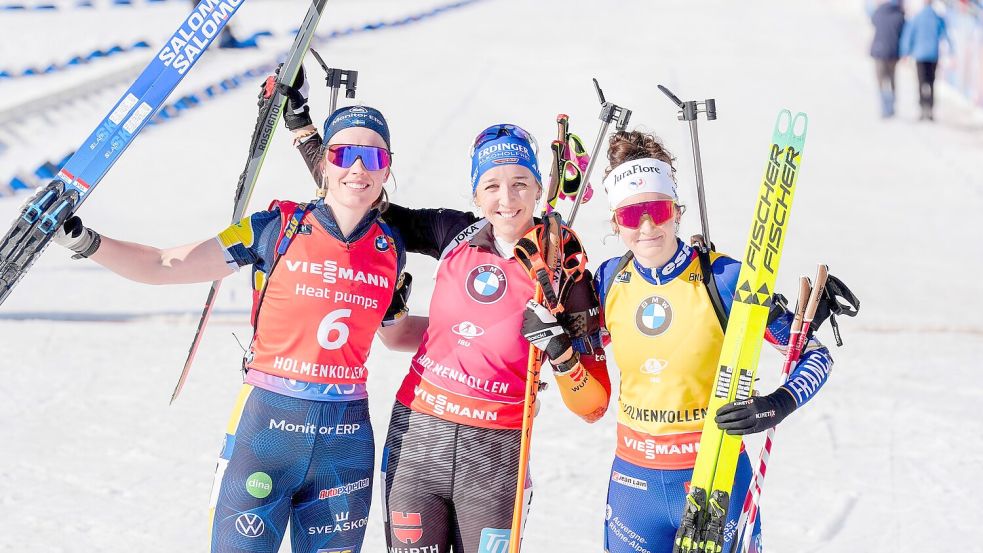 Sieg im Massenstart und im Gesamtweltcup: Franziska Preuß Foto: Terje Pedersen/NTB/dpa